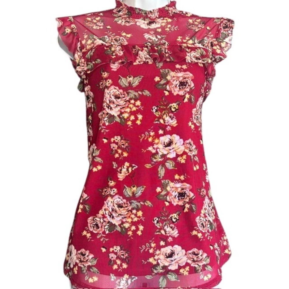 Crave Fame‎ by Almost Famous Womens Floral Ruffle Sleeveless Blouse Red M
